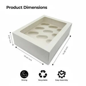 12 Hole Cupcake Box with Clear Window | White Cardboard Cupcake Packaging for Bakers & Home Bakeries